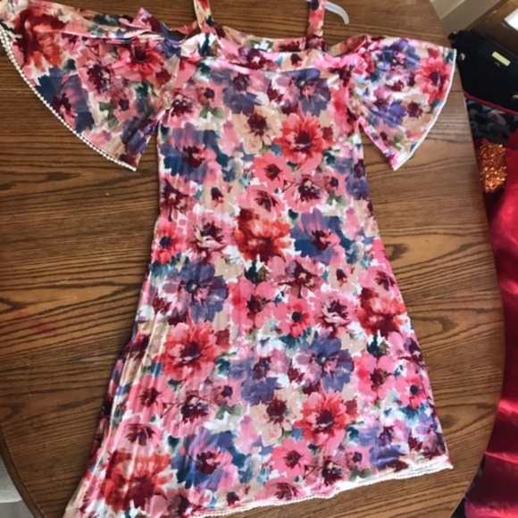 NEW CUPIO FLORAL PINK/PURPLE Summer DRESS COLD SHOULDER SWING size L - Picture 6 of 11